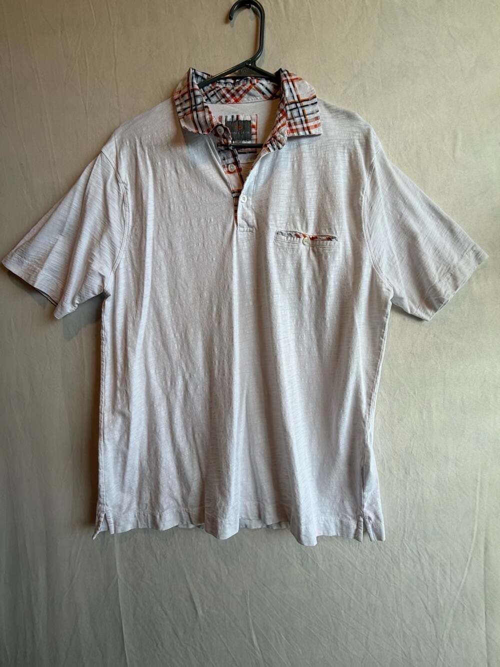 Thomas Dean TD Men's White Short Sleeve Polo Shirt with Plaid Collar/Pocket Trim